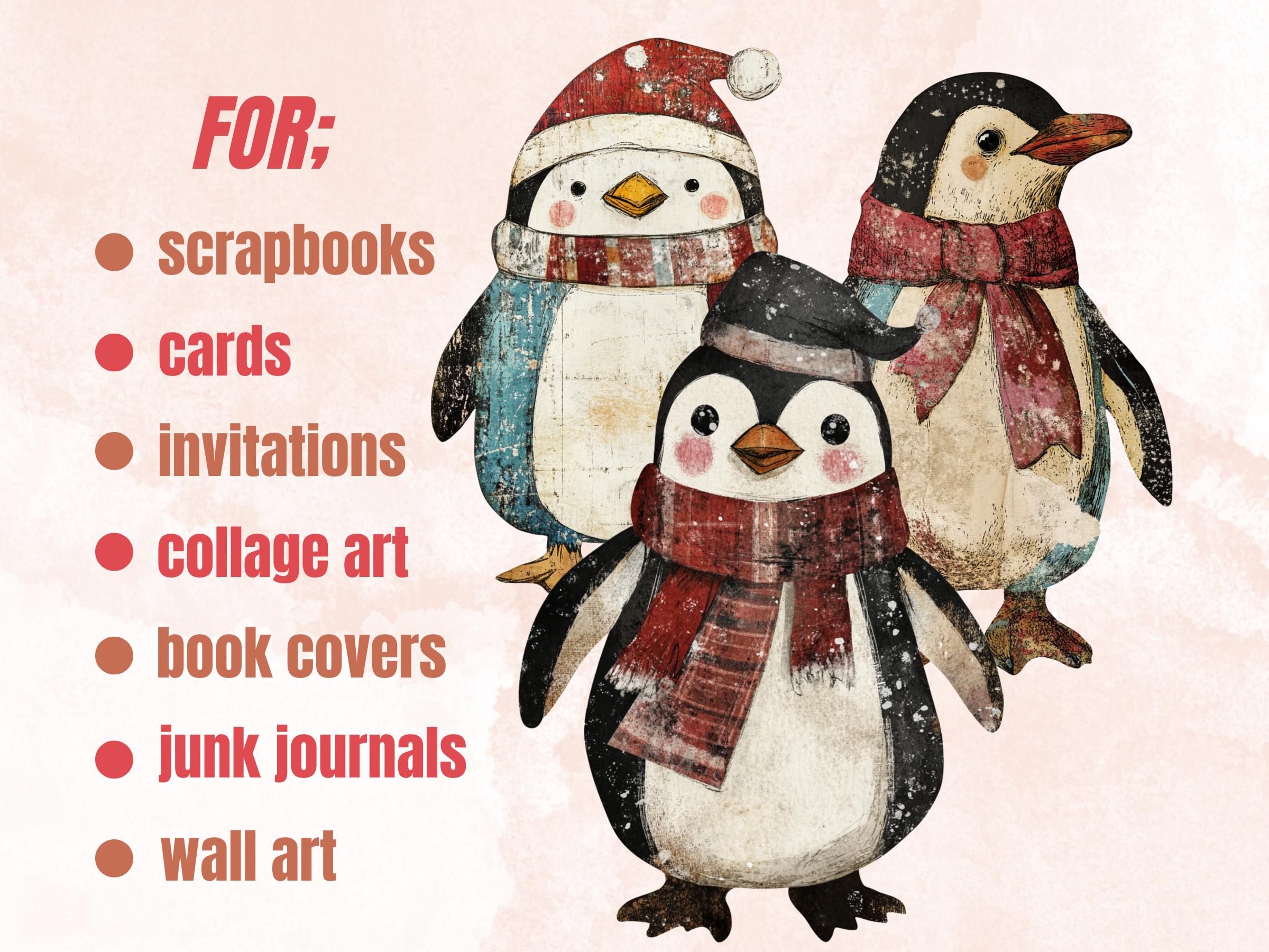 Christmas Penguin Doll Mixed Media Clipart, Retro Xmas Penguin Fussy Cut Collage Sheet, Paper Doll Cut Out Ephemera, PNG + JPG Scrapbooking