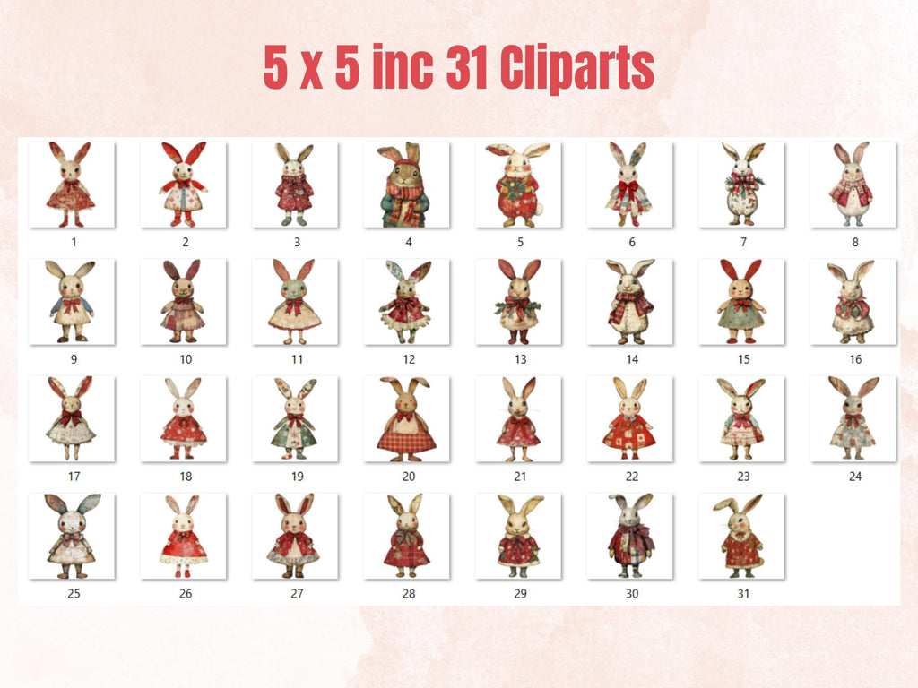 Christmas Rabbit Doll Mixed Media Clipart, Retro Xmas Bunny Fussy Cut Collage Sheet, Paper Doll Cut Out Ephemera, PNG + JPG for Scrapbooking