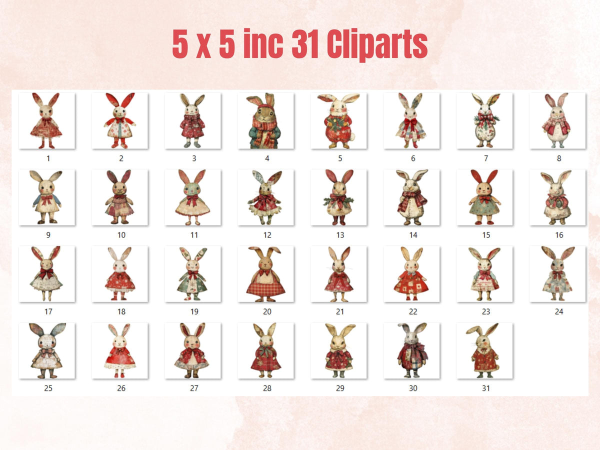 Christmas Rabbit Doll Mixed Media Clipart, Retro Xmas Bunny Fussy Cut Collage Sheet, Paper Doll Cut Out Ephemera, PNG + JPG for Scrapbooking