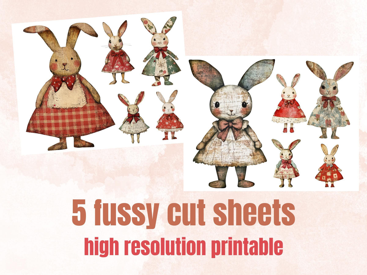Christmas Rabbit Doll Mixed Media Clipart, Retro Xmas Bunny Fussy Cut Collage Sheet, Paper Doll Cut Out Ephemera, PNG + JPG for Scrapbooking