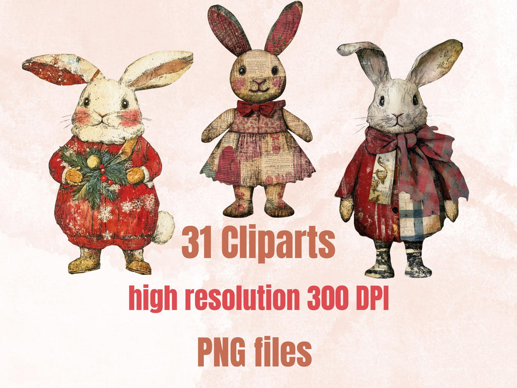 Christmas Rabbit Doll Mixed Media Clipart, Retro Xmas Bunny Fussy Cut Collage Sheet, Paper Doll Cut Out Ephemera, PNG + JPG for Scrapbooking