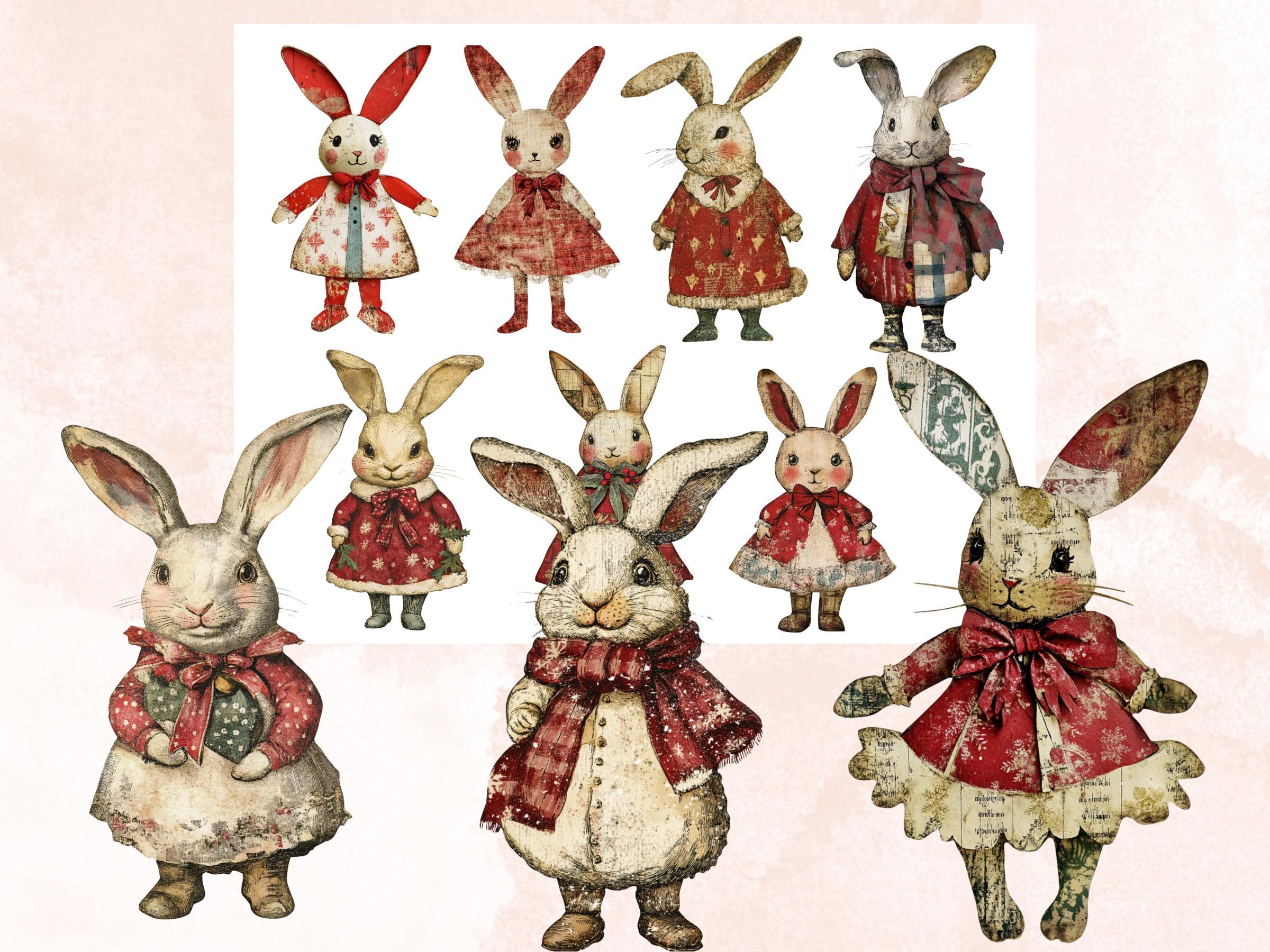 Christmas Rabbit Doll Mixed Media Clipart, Retro Xmas Bunny Fussy Cut Collage Sheet, Paper Doll Cut Out Ephemera, PNG + JPG for Scrapbooking