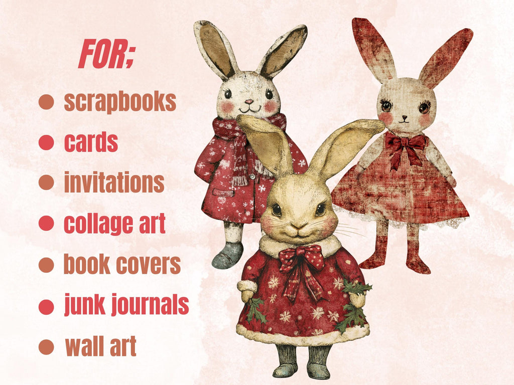 Christmas Rabbit Doll Mixed Media Clipart, Retro Xmas Bunny Fussy Cut Collage Sheet, Paper Doll Cut Out Ephemera, PNG + JPG for Scrapbooking