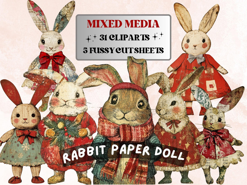 Christmas Rabbit Doll Mixed Media Clipart, Retro Xmas Bunny Fussy Cut Collage Sheet, Paper Doll Cut Out Ephemera, PNG + JPG for Scrapbooking