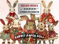 Christmas Rabbit Doll Mixed Media Clipart, Retro Xmas Bunny Fussy Cut Collage Sheet, Paper Doll Cut Out Ephemera, PNG + JPG for Scrapbooking