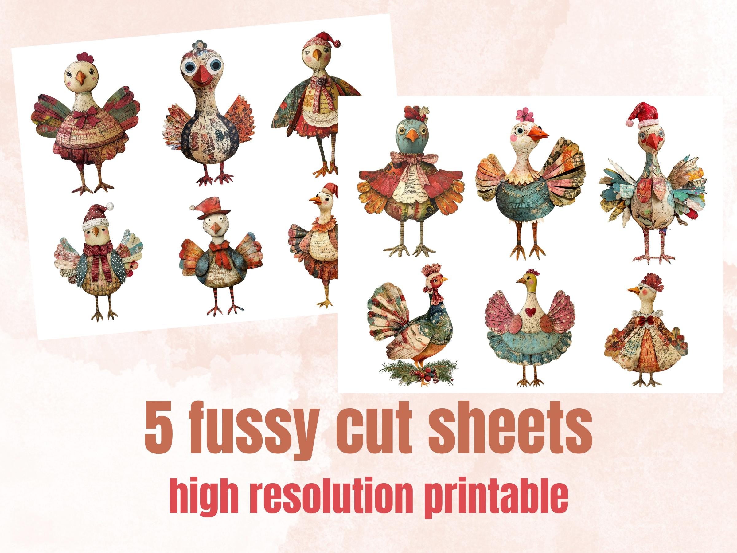 Christmas Turkey Doll Mixed Media Clipart, Retro Xmas Turkey Fussy Cut Collage Sheet, Paper Doll Cut Out Ephemera, PNG + JPG Scrapbooking