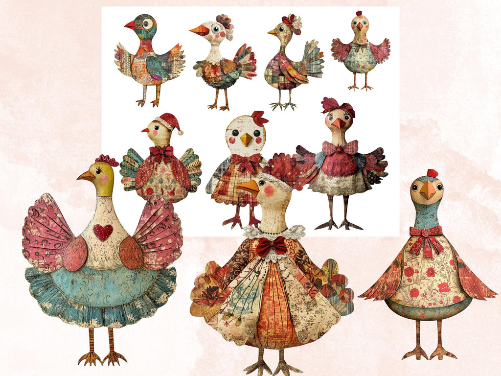 Christmas Turkey Doll Mixed Media Clipart, Retro Xmas Turkey Fussy Cut Collage Sheet, Paper Doll Cut Out Ephemera, PNG + JPG Scrapbooking