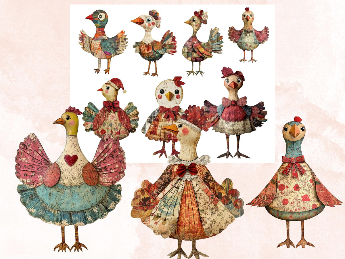 Christmas Turkey Doll Mixed Media Clipart, Retro Xmas Turkey Fussy Cut Collage Sheet, Paper Doll Cut Out Ephemera, PNG + JPG Scrapbooking