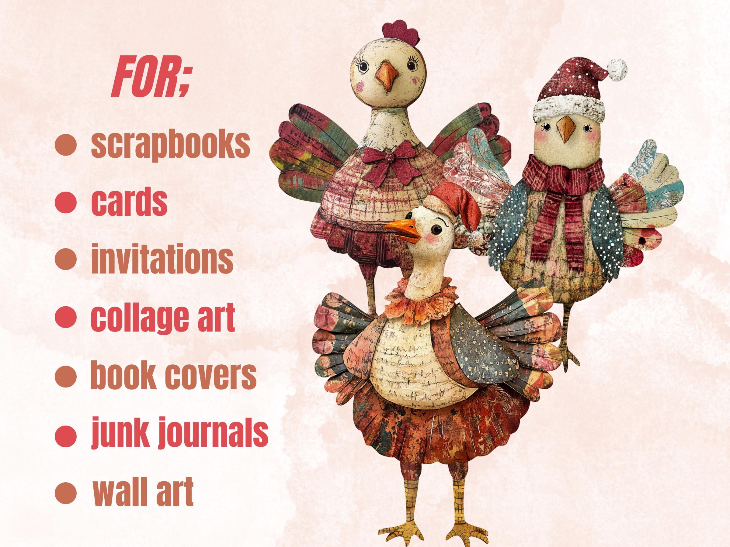Christmas Turkey Doll Mixed Media Clipart, Retro Xmas Turkey Fussy Cut Collage Sheet, Paper Doll Cut Out Ephemera, PNG + JPG Scrapbooking