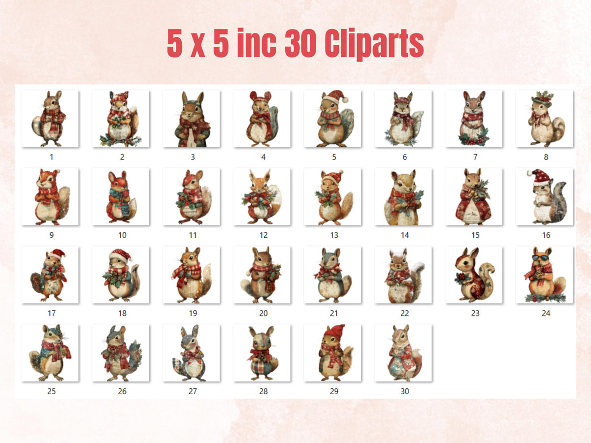 Christmas Squirrel Doll Mixed Media Clipart, Retro Xmas Squirrel Fussy Cut Collage Sheet, Paper Doll Cut Out Ephemera, PNG + JPG Scrapbook