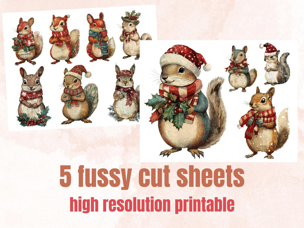 Christmas Squirrel Doll Mixed Media Clipart, Retro Xmas Squirrel Fussy Cut Collage Sheet, Paper Doll Cut Out Ephemera, PNG + JPG Scrapbook