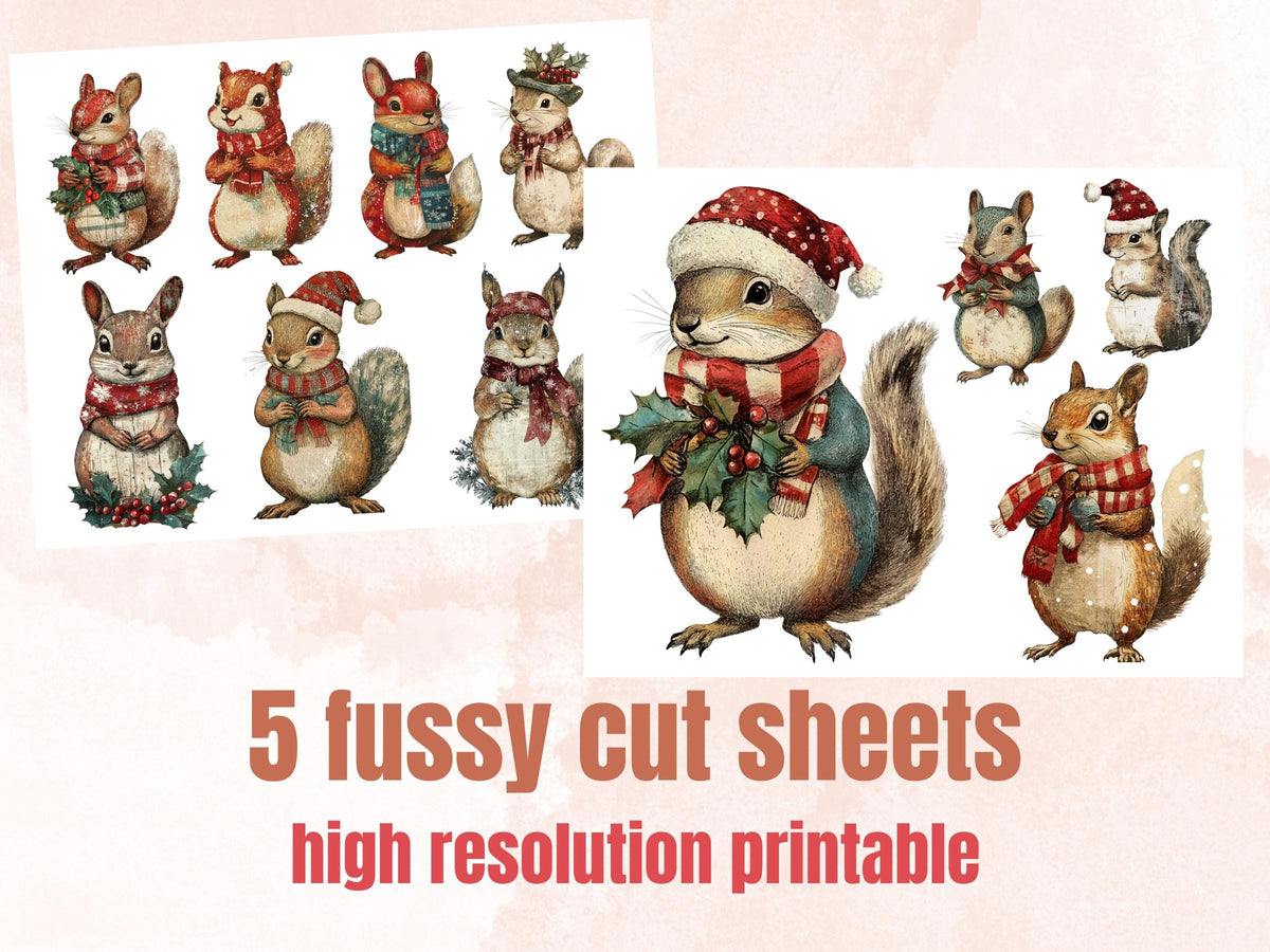 Christmas Squirrel Doll Mixed Media Clipart, Retro Xmas Squirrel Fussy Cut Collage Sheet, Paper Doll Cut Out Ephemera, PNG + JPG Scrapbook