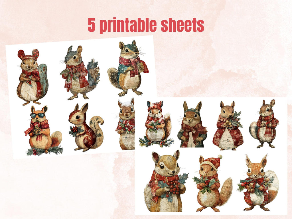 Christmas Squirrel Doll Mixed Media Clipart, Retro Xmas Squirrel Fussy Cut Collage Sheet, Paper Doll Cut Out Ephemera, PNG + JPG Scrapbook