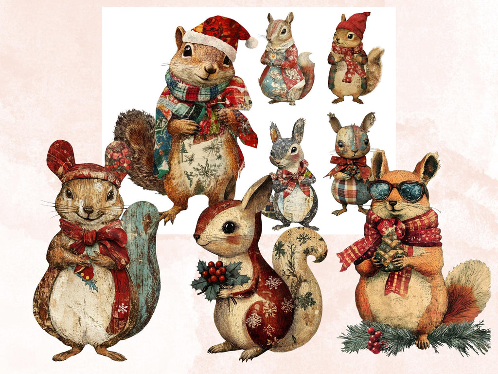 Christmas Squirrel Doll Mixed Media Clipart, Retro Xmas Squirrel Fussy Cut Collage Sheet, Paper Doll Cut Out Ephemera, PNG + JPG Scrapbook