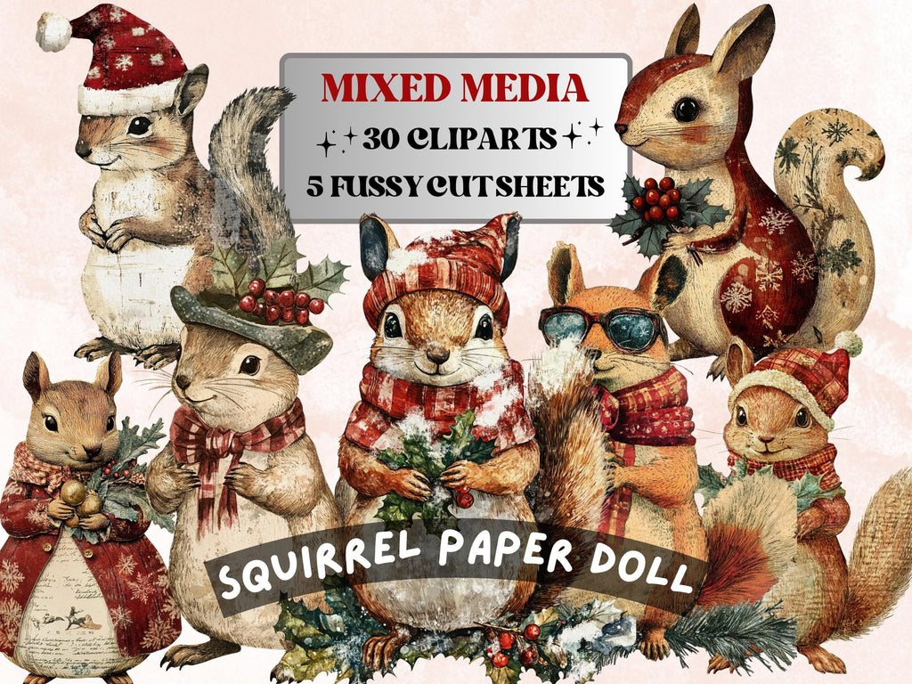 Christmas Squirrel Doll Mixed Media Clipart, Retro Xmas Squirrel Fussy Cut Collage Sheet, Paper Doll Cut Out Ephemera, PNG + JPG Scrapbook