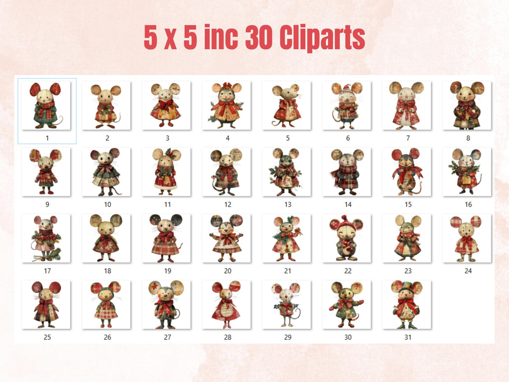 Christmas Mouse Doll Mixed Media Clipart, Retro Xmas Mice Fussy Cut Collage Sheet, Paper Doll Cut Out Ephemera, PNG + JPG for Scrapbooking