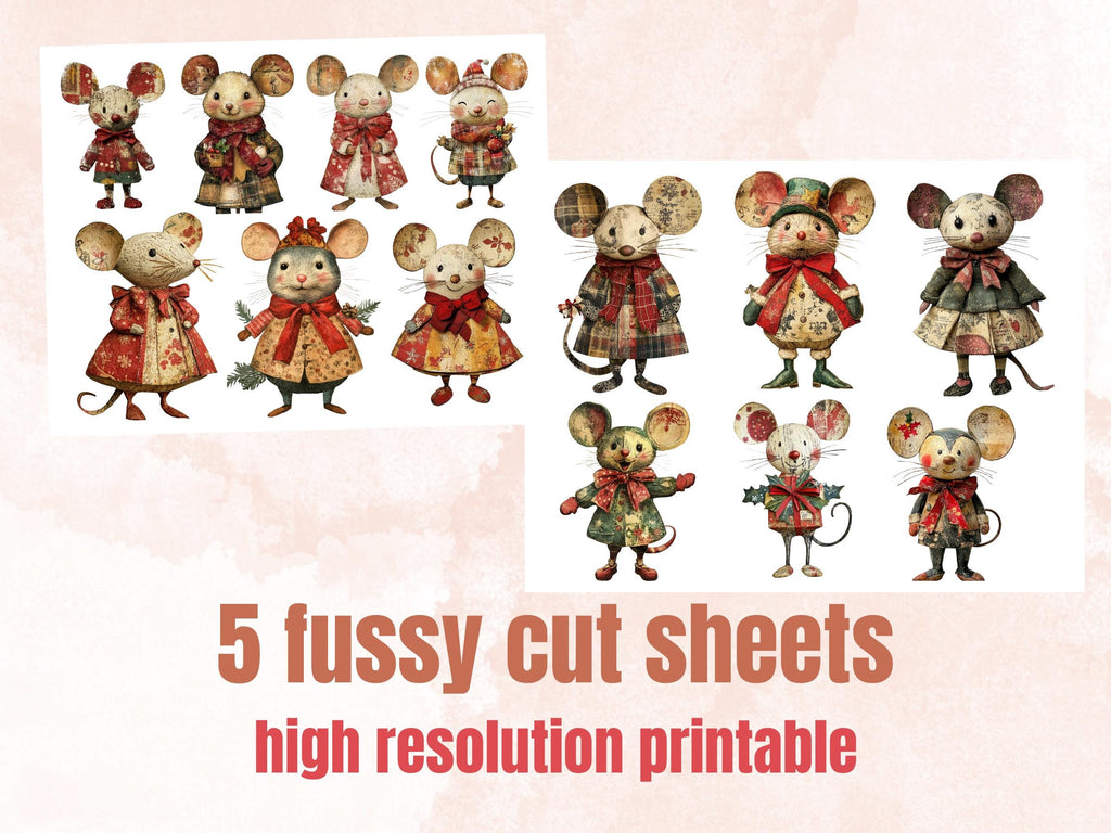 Christmas Mouse Doll Mixed Media Clipart, Retro Xmas Mice Fussy Cut Collage Sheet, Paper Doll Cut Out Ephemera, PNG + JPG for Scrapbooking