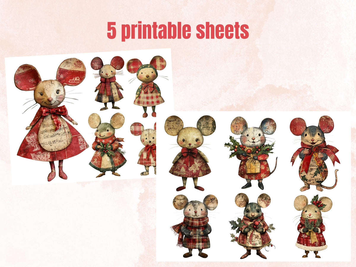 Christmas Mouse Doll Mixed Media Clipart, Retro Xmas Mice Fussy Cut Collage Sheet, Paper Doll Cut Out Ephemera, PNG + JPG for Scrapbooking