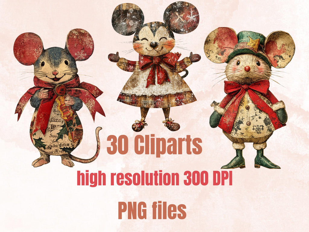 Christmas Mouse Doll Mixed Media Clipart, Retro Xmas Mice Fussy Cut Collage Sheet, Paper Doll Cut Out Ephemera, PNG + JPG for Scrapbooking