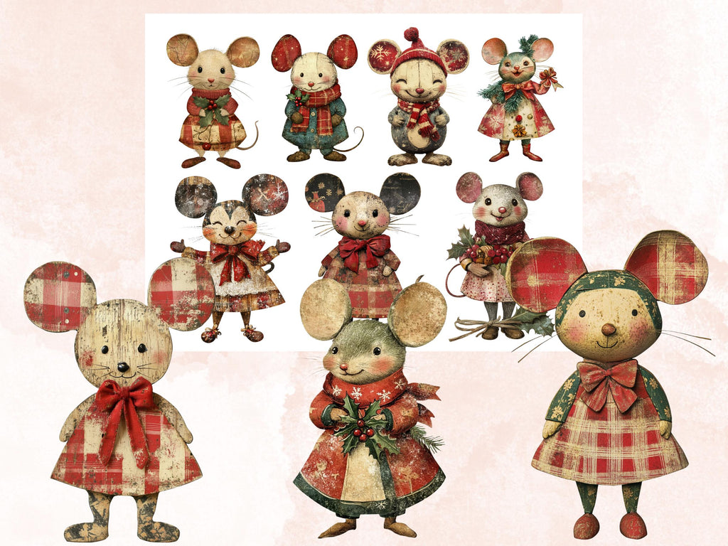 Christmas Mouse Doll Mixed Media Clipart, Retro Xmas Mice Fussy Cut Collage Sheet, Paper Doll Cut Out Ephemera, PNG + JPG for Scrapbooking