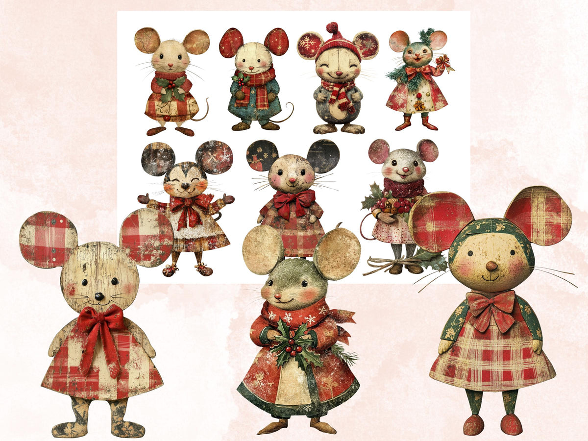 Christmas Mouse Doll Mixed Media Clipart, Retro Xmas Mice Fussy Cut Collage Sheet, Paper Doll Cut Out Ephemera, PNG + JPG for Scrapbooking