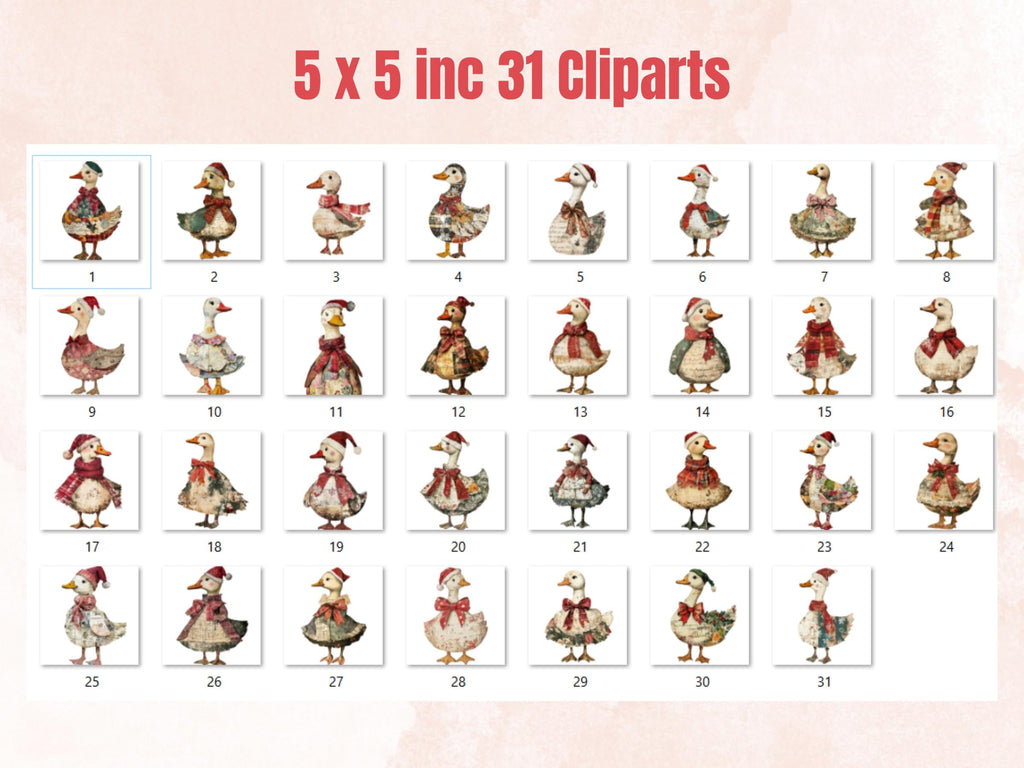 Christmas Goose Doll Mixed Media Clipart, Retro Xmas Goose Fussy Cut Collage Sheet, Paper Doll Cut Out Ephemera, PNG + JPG for Scrapbooking