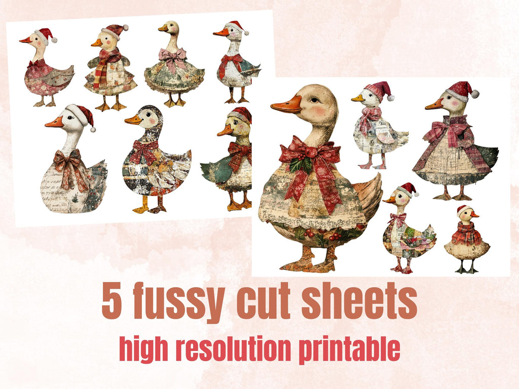 Christmas Goose Doll Mixed Media Clipart, Retro Xmas Goose Fussy Cut Collage Sheet, Paper Doll Cut Out Ephemera, PNG + JPG for Scrapbooking