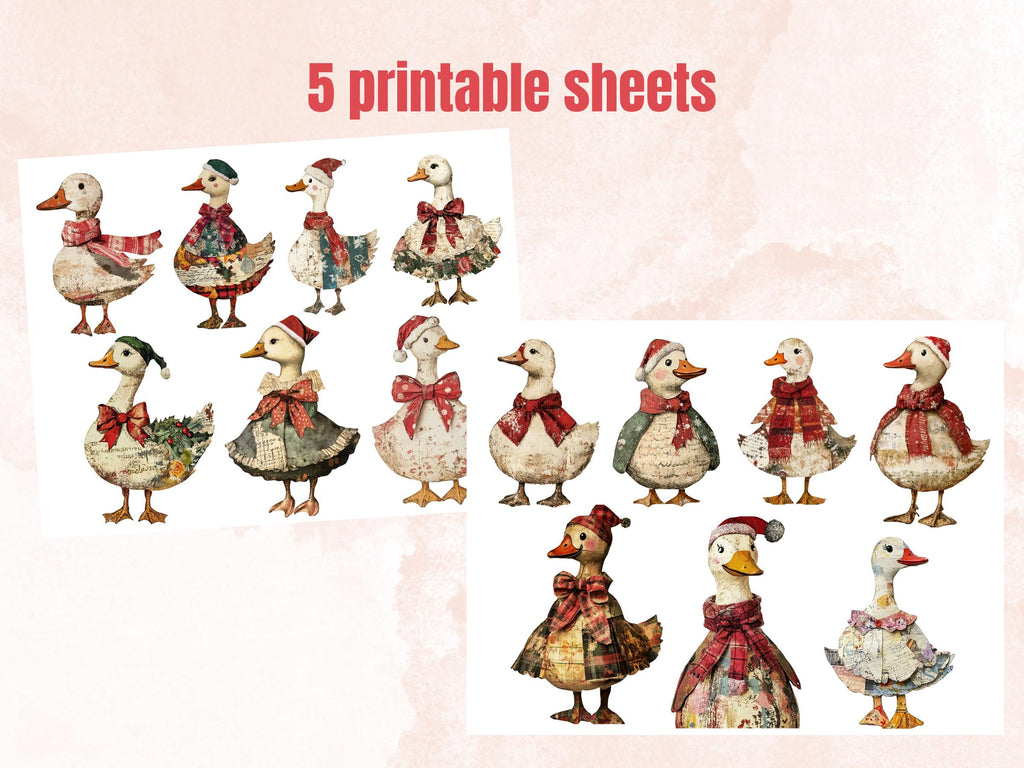 Christmas Goose Doll Mixed Media Clipart, Retro Xmas Goose Fussy Cut Collage Sheet, Paper Doll Cut Out Ephemera, PNG + JPG for Scrapbooking