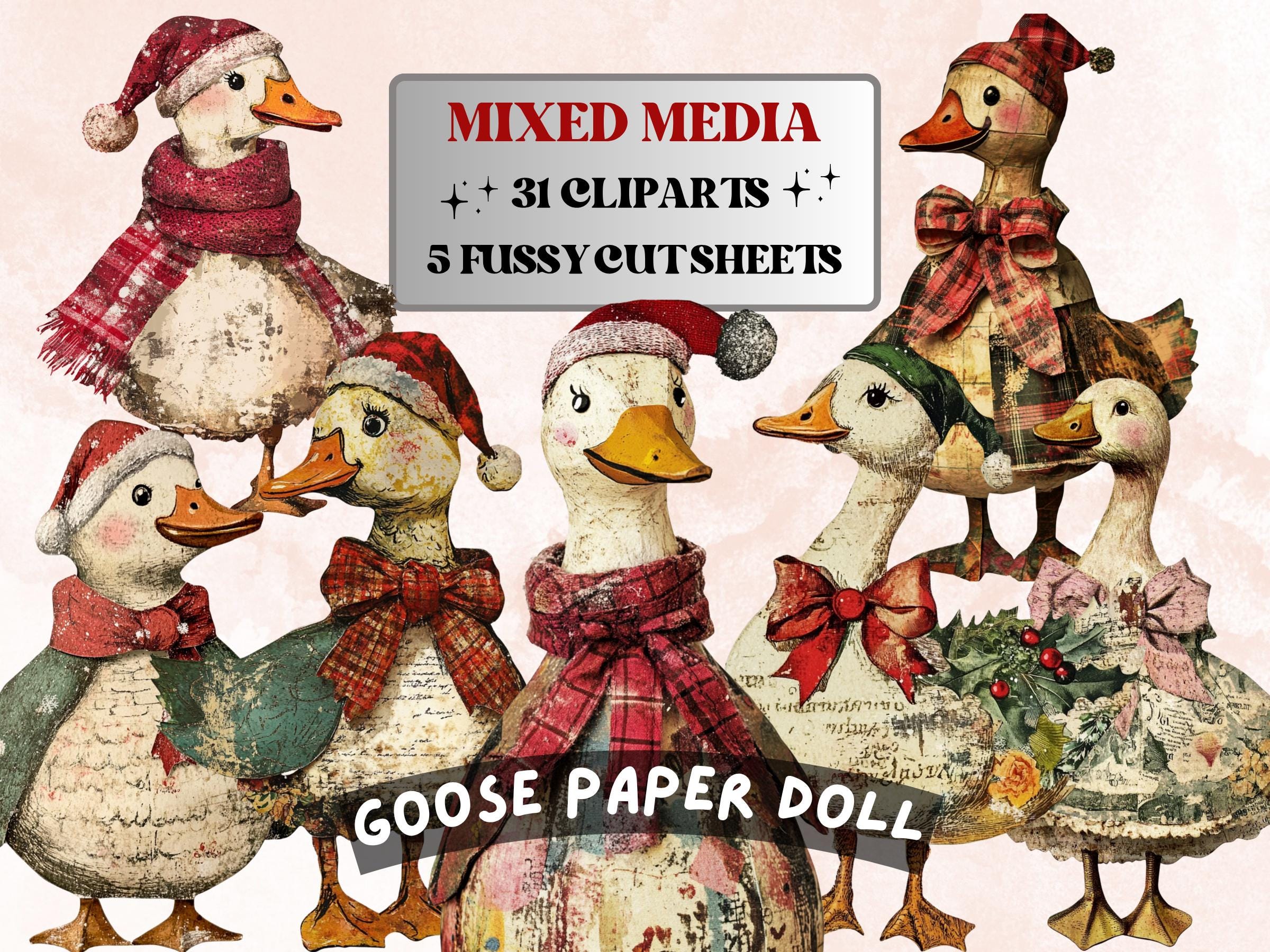 Christmas Goose Doll Mixed Media Clipart, Retro Xmas Goose Fussy Cut Collage Sheet, Paper Doll Cut Out Ephemera, PNG + JPG for Scrapbooking
