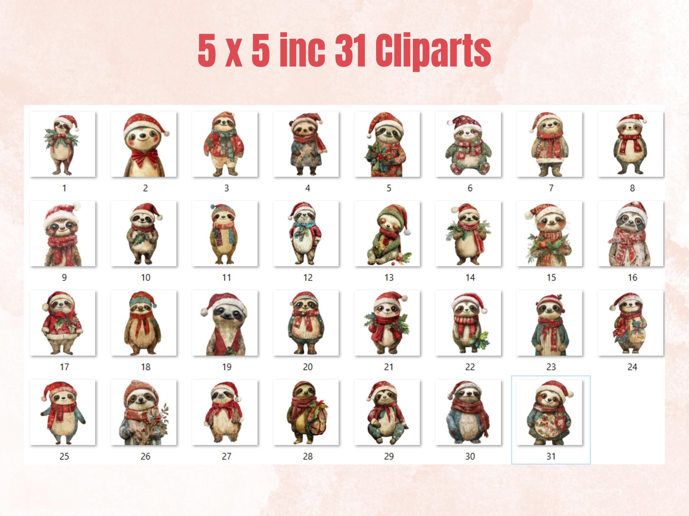 Christmas Sloth Doll Mixed Media Clipart, Retro Xmas Sloth Fussy Cut Collage Sheet, Paper Doll Cut Out Ephemera, PNG + JPG for Scrapbooking