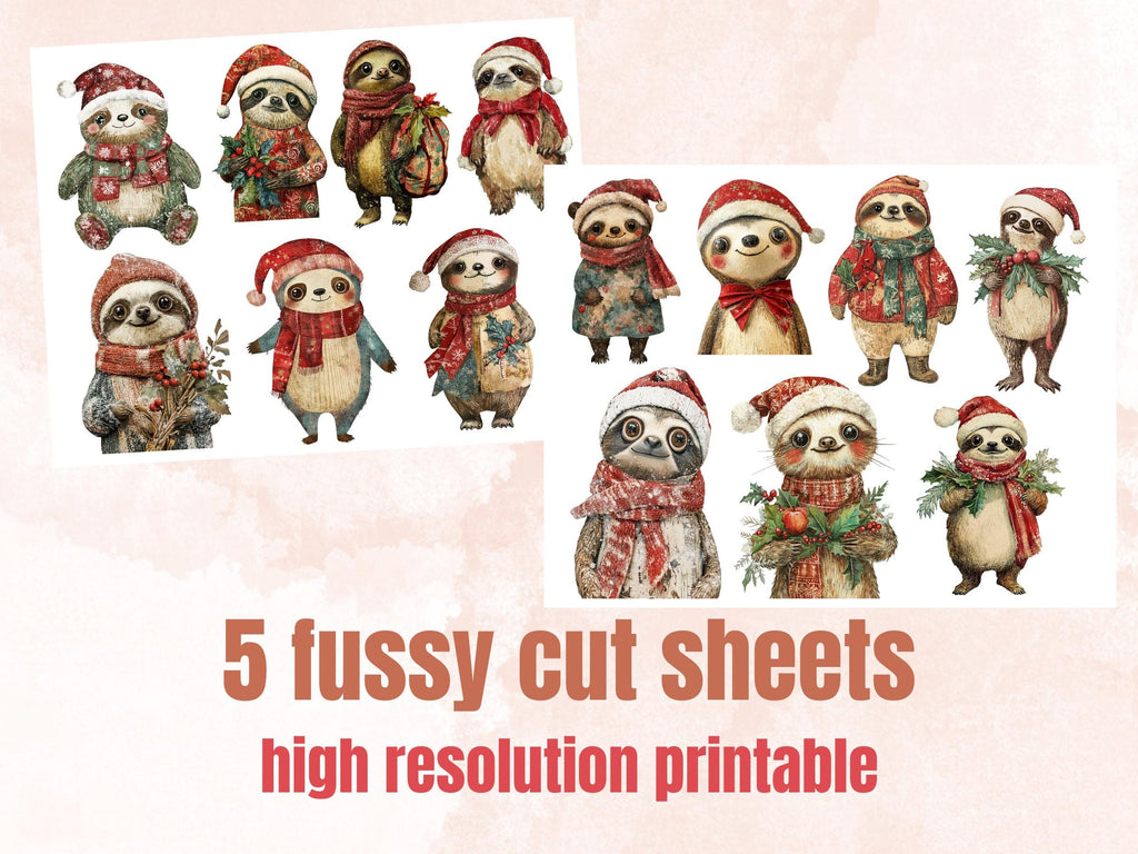 Christmas Sloth Doll Mixed Media Clipart, Retro Xmas Sloth Fussy Cut Collage Sheet, Paper Doll Cut Out Ephemera, PNG + JPG for Scrapbooking