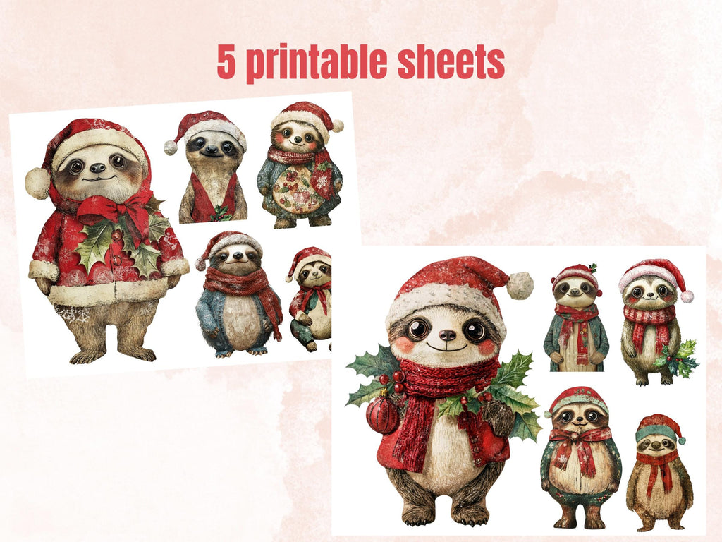 Christmas Sloth Doll Mixed Media Clipart, Retro Xmas Sloth Fussy Cut Collage Sheet, Paper Doll Cut Out Ephemera, PNG + JPG for Scrapbooking