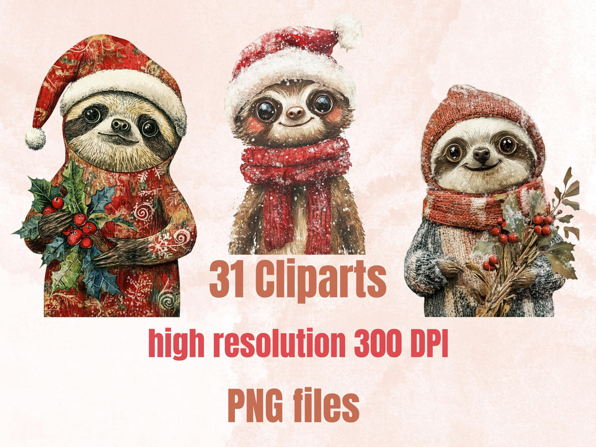 Christmas Sloth Doll Mixed Media Clipart, Retro Xmas Sloth Fussy Cut Collage Sheet, Paper Doll Cut Out Ephemera, PNG + JPG for Scrapbooking