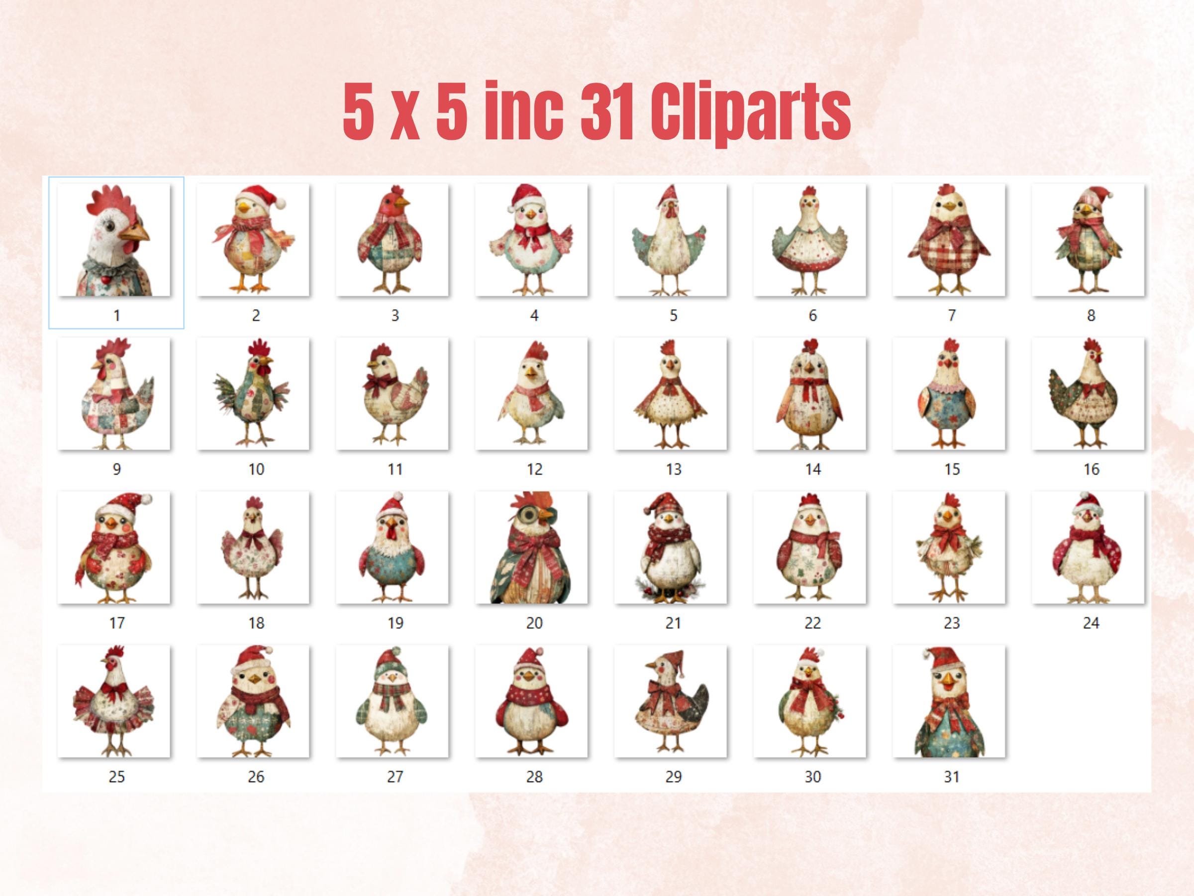 Christmas Chicken Doll Mixed Media Clipart, Retro Xmas Chicken Fussy Cut Collage Sheet, Paper Doll Cut Out Ephemera, PNG + JPG Scrapbooking