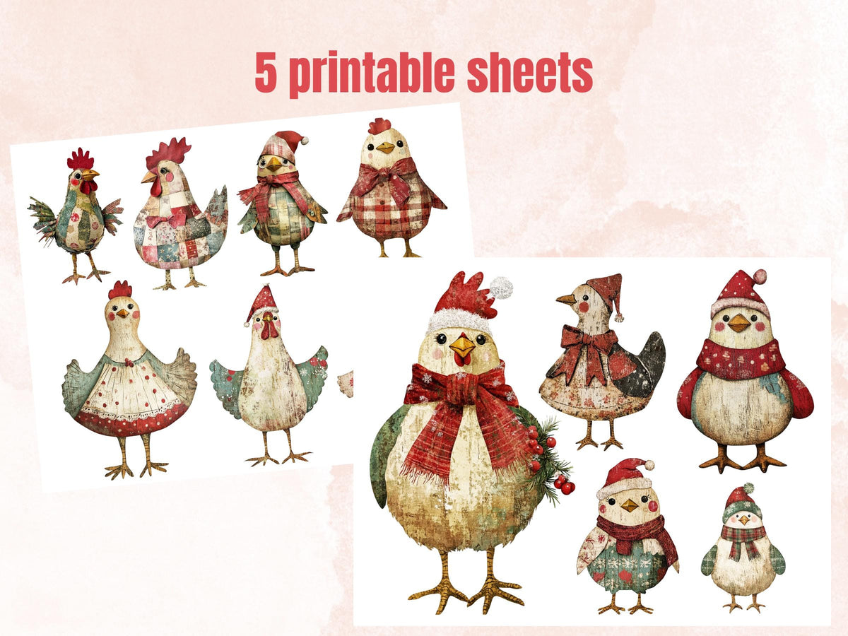 Christmas Chicken Doll Mixed Media Clipart, Retro Xmas Chicken Fussy Cut Collage Sheet, Paper Doll Cut Out Ephemera, PNG + JPG Scrapbooking