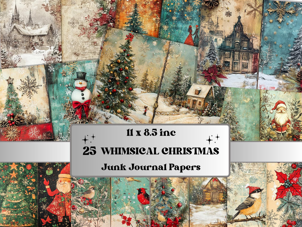 Whimsical Christmas Junk Journal Paper, Double Pages Ephemera Kit, Quirky Christmas Collage Scrapbook, Printable Horizontal Digital Pages