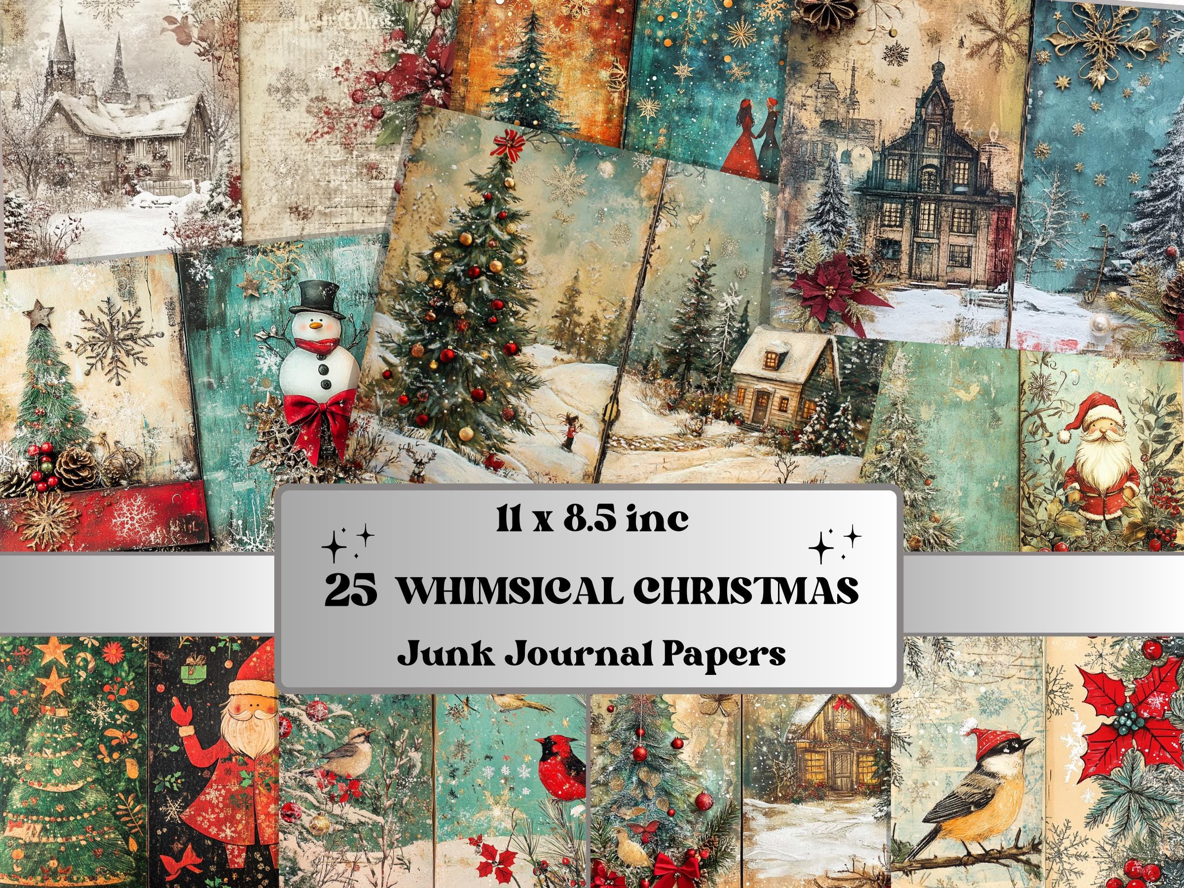 Whimsical Christmas Junk Journal Paper, Double Pages Ephemera Kit, Quirky Christmas Collage Scrapbook, Printable Horizontal Digital Pages