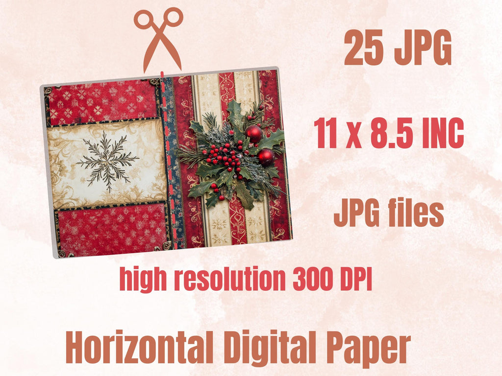Christmas Patchwork Mixed Media Paper, Double Pages Ephemera Kit, Digital Christmas Collage Scrapbook, Horizontal Junk Journal Pages