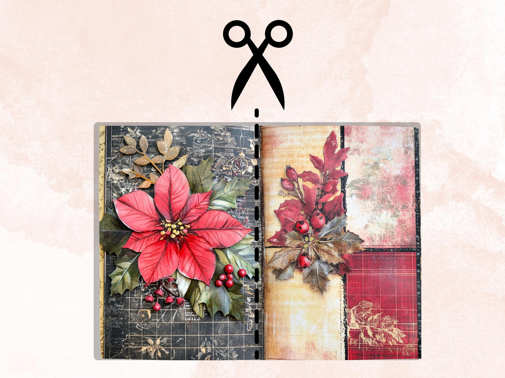 Christmas Patchwork Mixed Media Paper, Double Pages Ephemera Kit, Digital Christmas Collage Scrapbook, Horizontal Junk Journal Pages