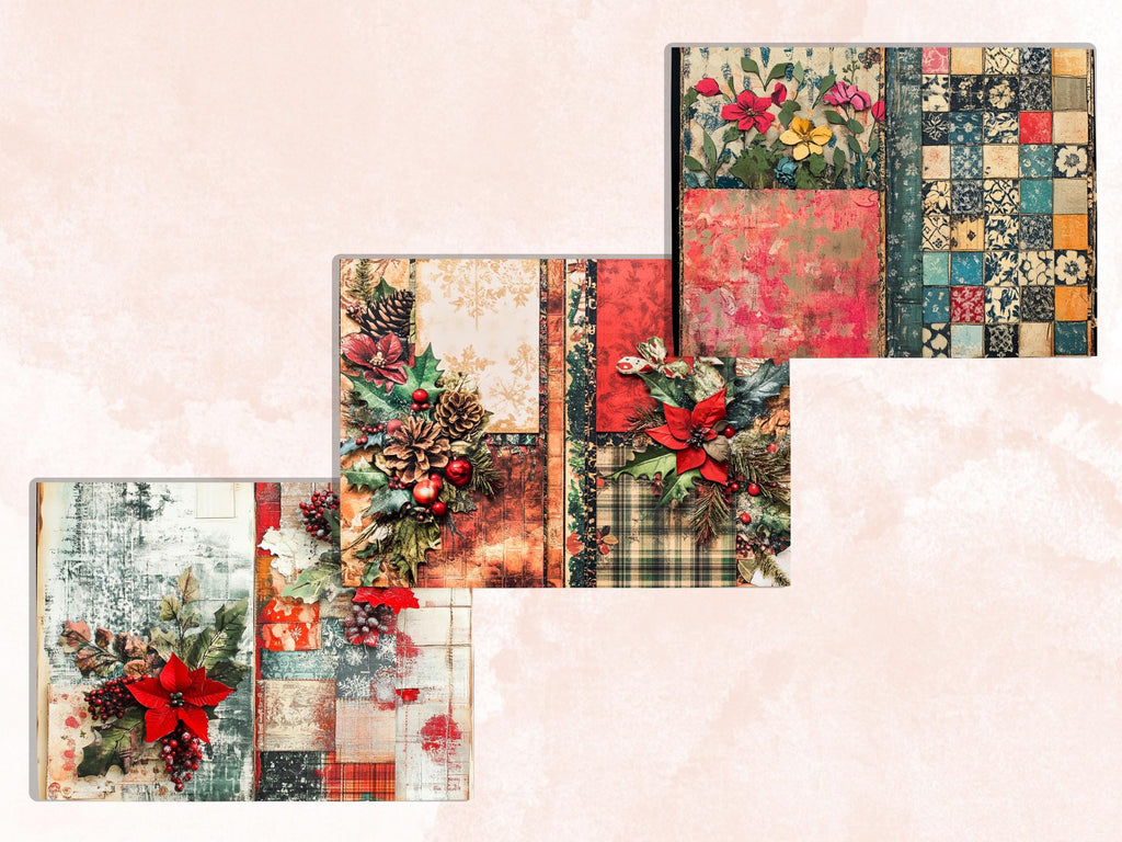Christmas Patchwork Mixed Media Paper, Double Pages Ephemera Kit, Digital Christmas Collage Scrapbook, Horizontal Junk Journal Pages