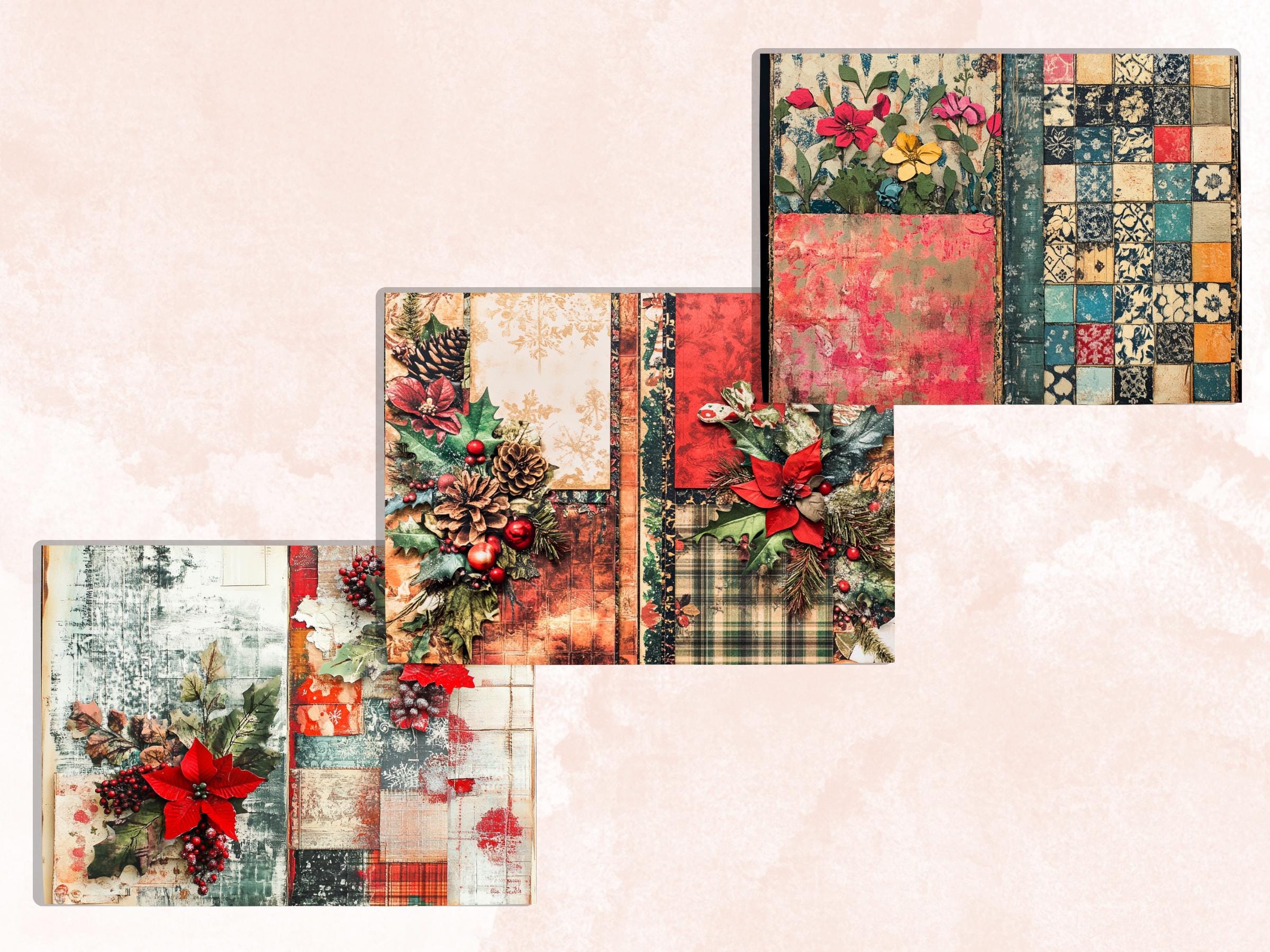 Christmas Patchwork Mixed Media Paper, Double Pages Ephemera Kit, Digital Christmas Collage Scrapbook, Horizontal Junk Journal Pages