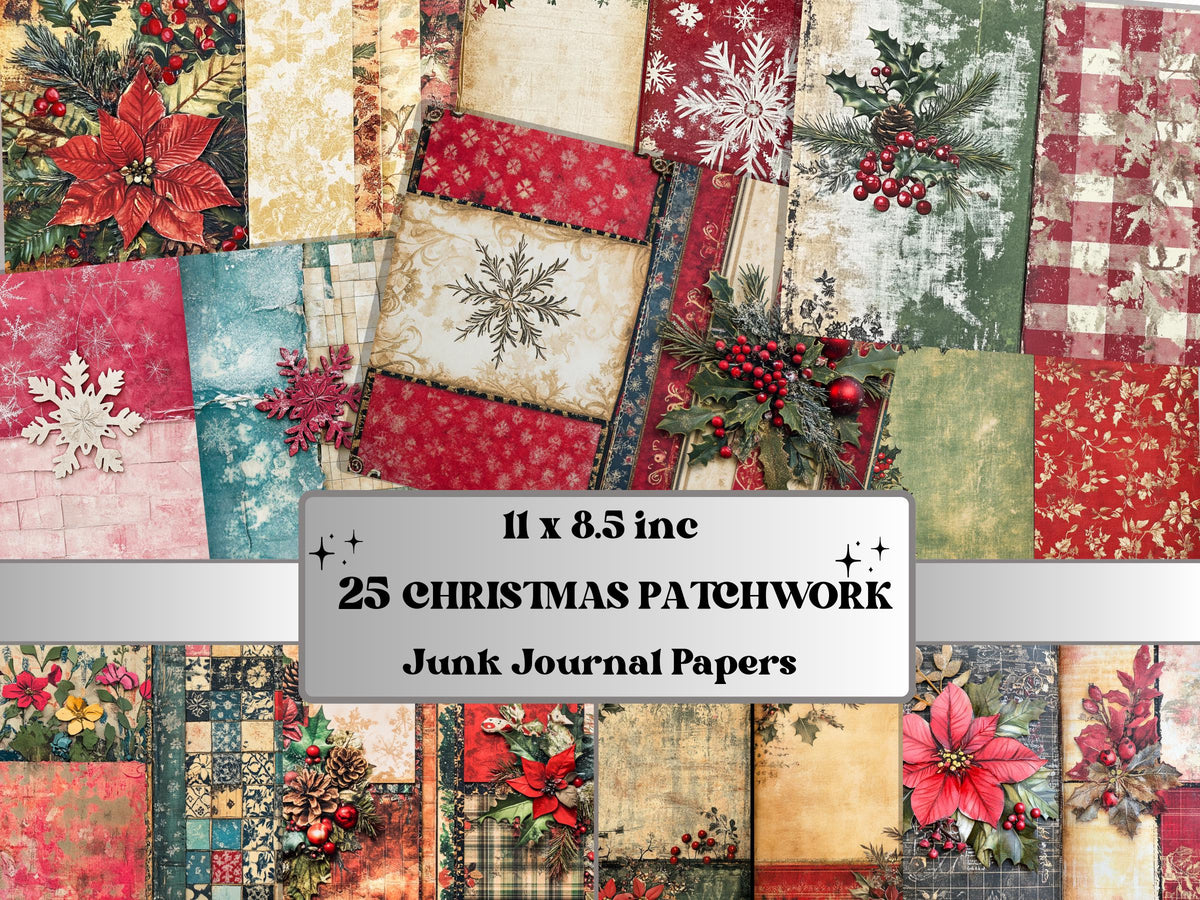 Christmas Patchwork Mixed Media Paper, Double Pages Ephemera Kit, Digital Christmas Collage Scrapbook, Horizontal Junk Journal Pages