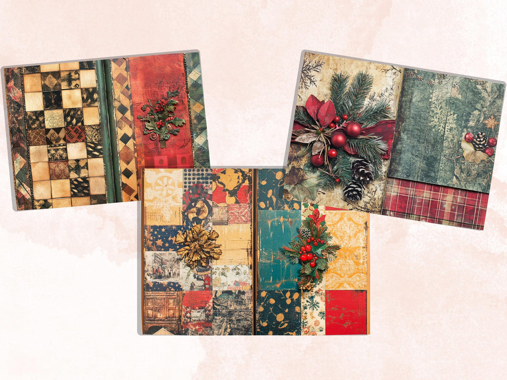 Christmas Patchwork Mixed Media Paper, Double Pages Ephemera Kit, Digital Christmas Collage Scrapbook, Horizontal Junk Journal Pages