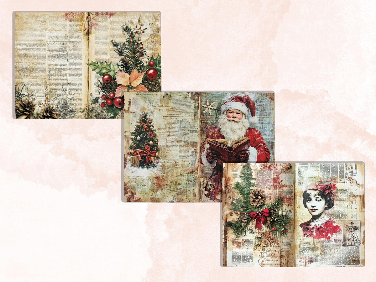 Newspaper Christmas Mixed Media Paper, Double Pages Ephemera Kit, Digital Christmas Collage Scrapbook, Horizontal Junk Journal Pages