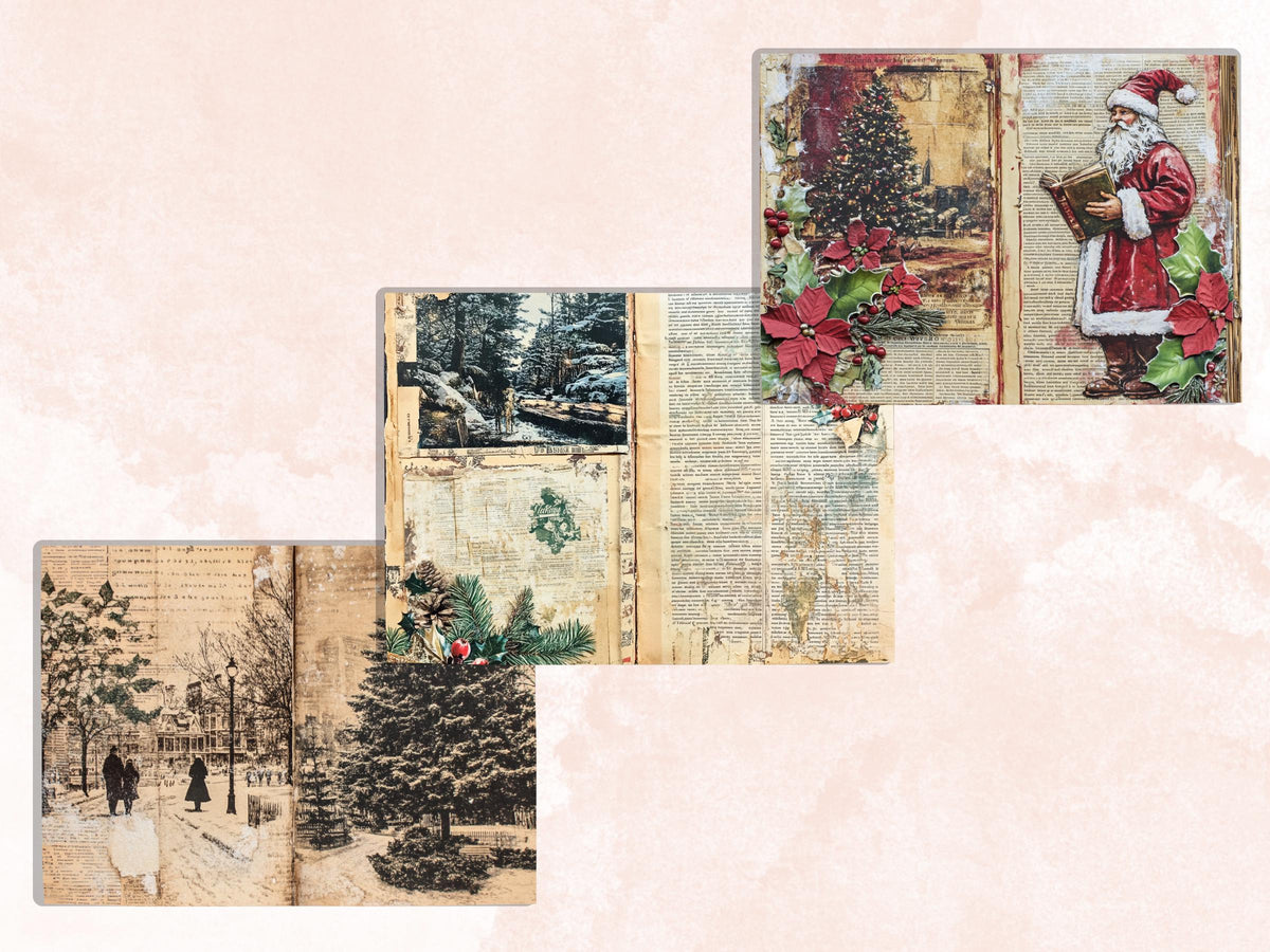 Newspaper Christmas Mixed Media Paper, Double Pages Ephemera Kit, Digital Christmas Collage Scrapbook, Horizontal Junk Journal Pages