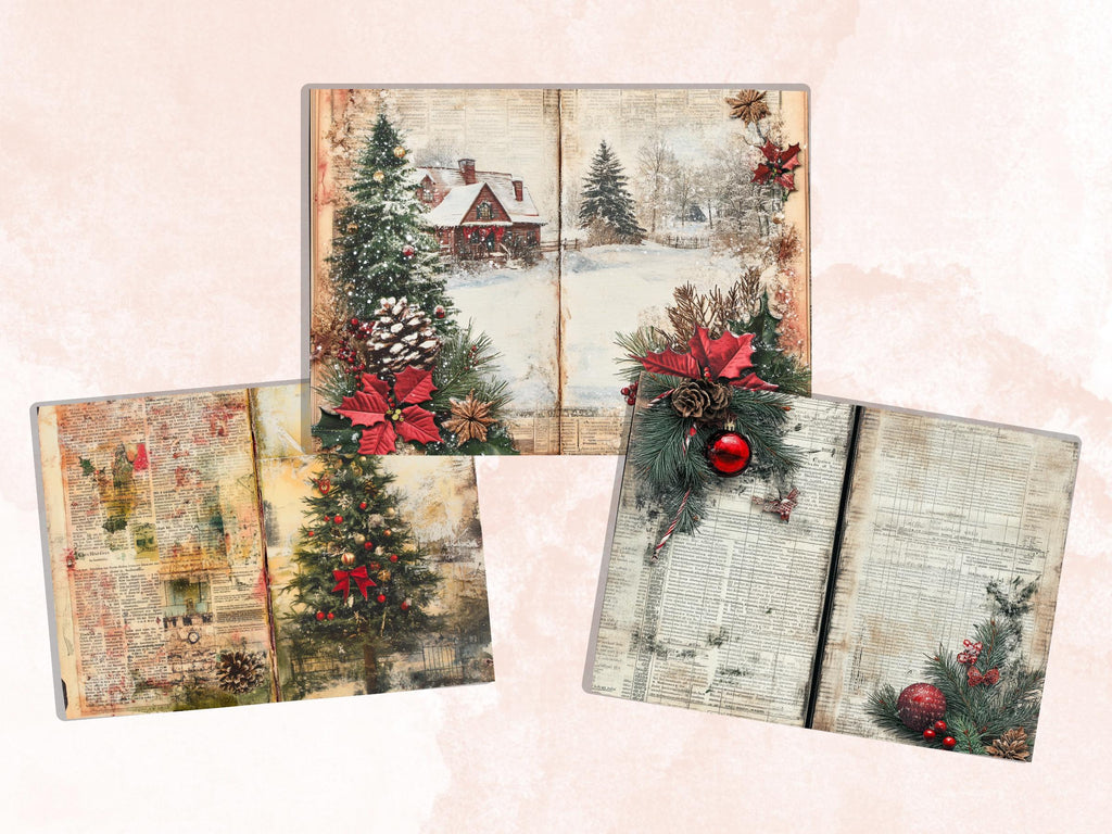 Newspaper Christmas Mixed Media Paper, Double Pages Ephemera Kit, Digital Christmas Collage Scrapbook, Horizontal Junk Journal Pages