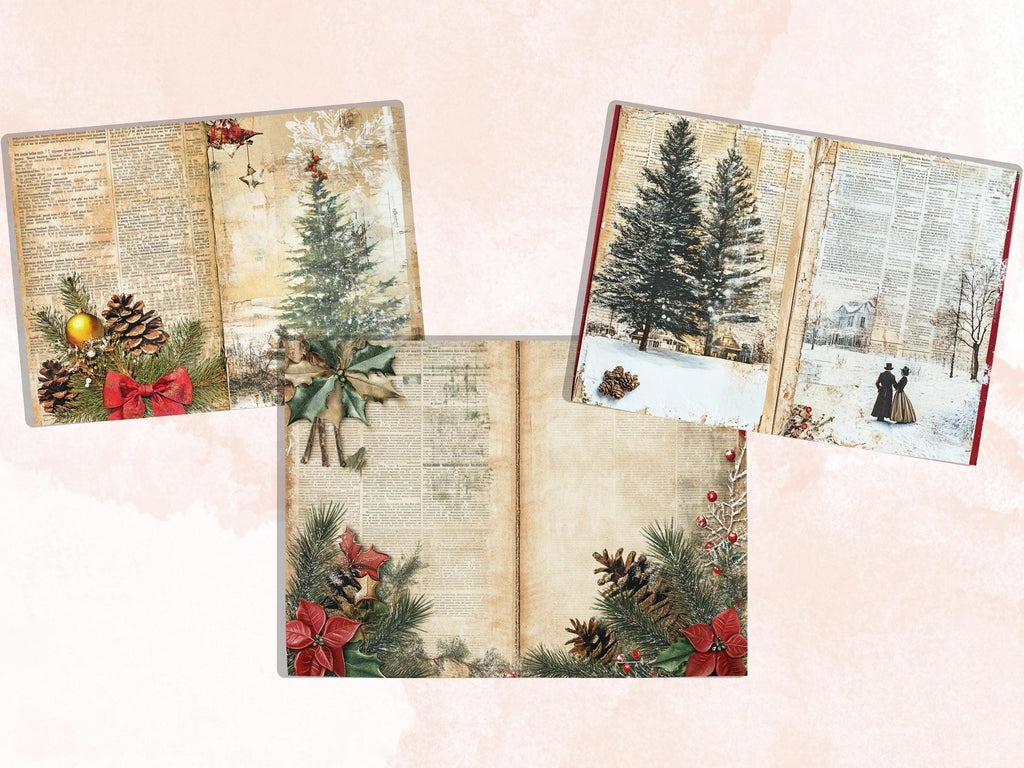 Newspaper Christmas Mixed Media Paper, Double Pages Ephemera Kit, Digital Christmas Collage Scrapbook, Horizontal Junk Journal Pages