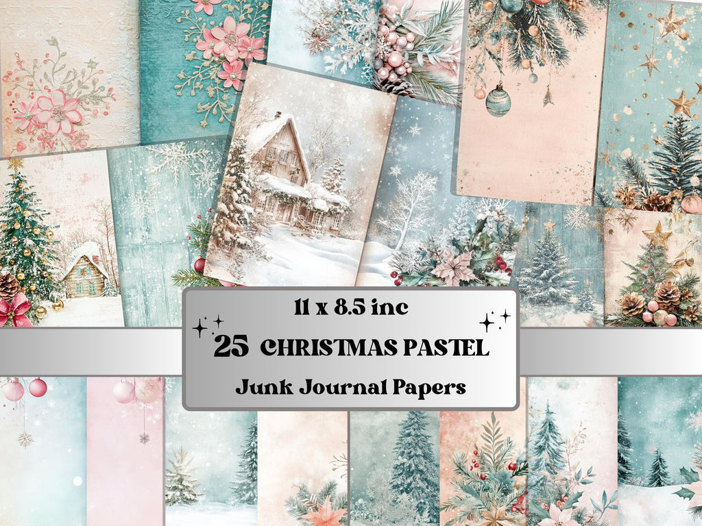 Pastel Christmas Junk Journal Paper, Double Pages Ephemera Kit, Whimsical Christmas Collage Scrapbook, Soft Pastel Horizontal Digital Pages