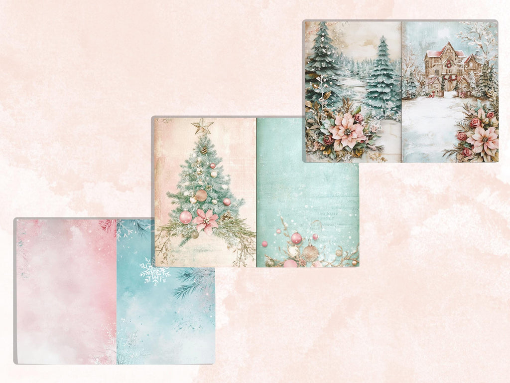 Pastel Christmas Junk Journal Paper, Double Pages Ephemera Kit, Whimsical Christmas Collage Scrapbook, Soft Pastel Horizontal Digital Pages
