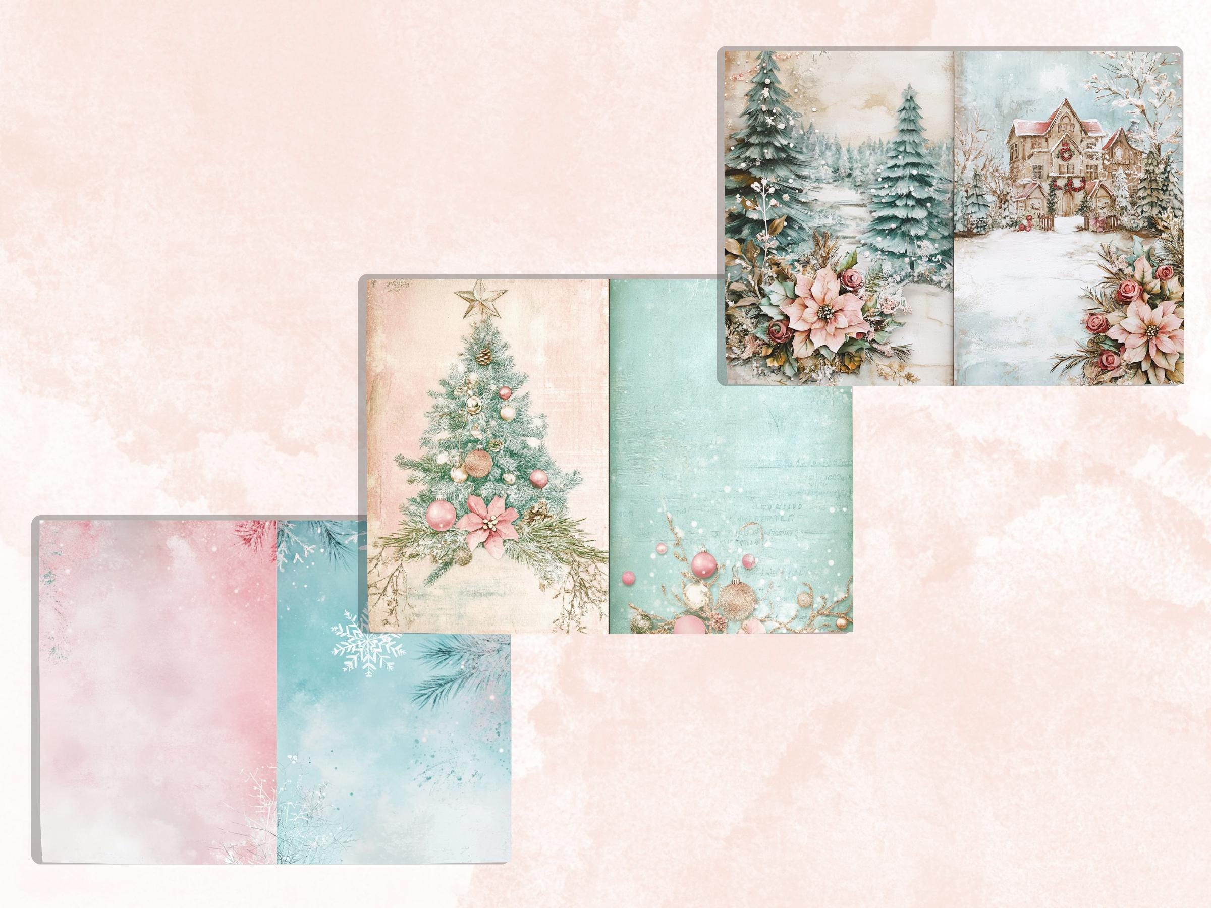 Pastel Christmas Junk Journal Paper, Double Pages Ephemera Kit, Whimsical Christmas Collage Scrapbook, Soft Pastel Horizontal Digital Pages